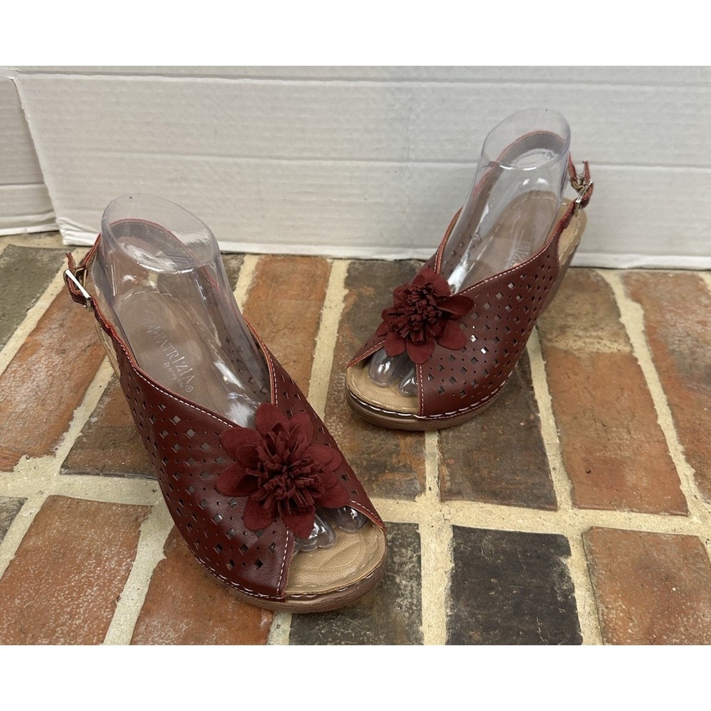 Patrizia by Spring Step Red Leather Slingback Sandals Floral Peep Toe Women's 6